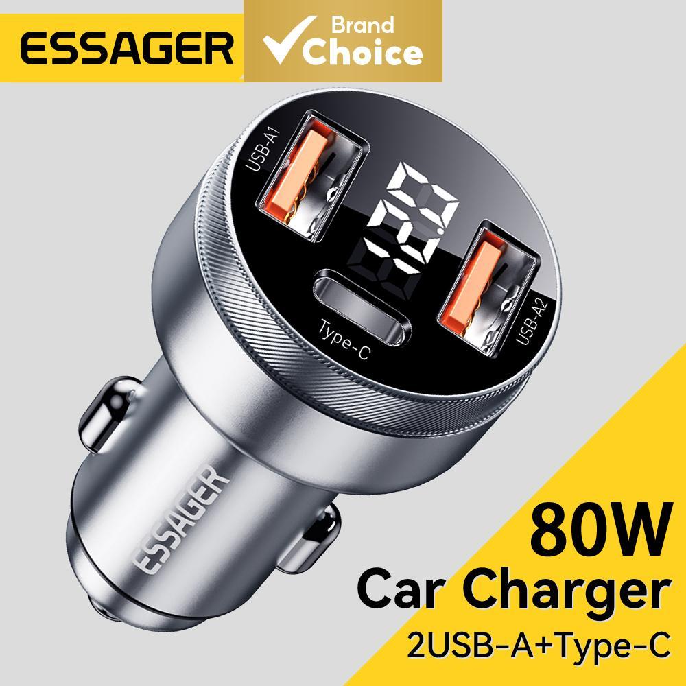 Essager ที่ชาร์จในรถยนต์ 80W USB Type C PD ชาร์จเร็ว สําหรับ iPhone 14 13 Huawei Xiaomi Samsung iPad แท็บเล็ต แล็ปท็อป
