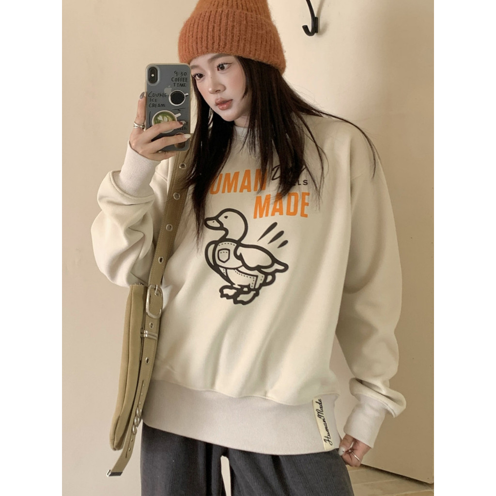 Human made 25SS Denim เป็ดพิมพ์รอบคอผู้ชายผู้หญิงสไตล์เดียวกันหลวมเสื้อแจ็คเก็ตสัตว์เสื้อกันหนาว