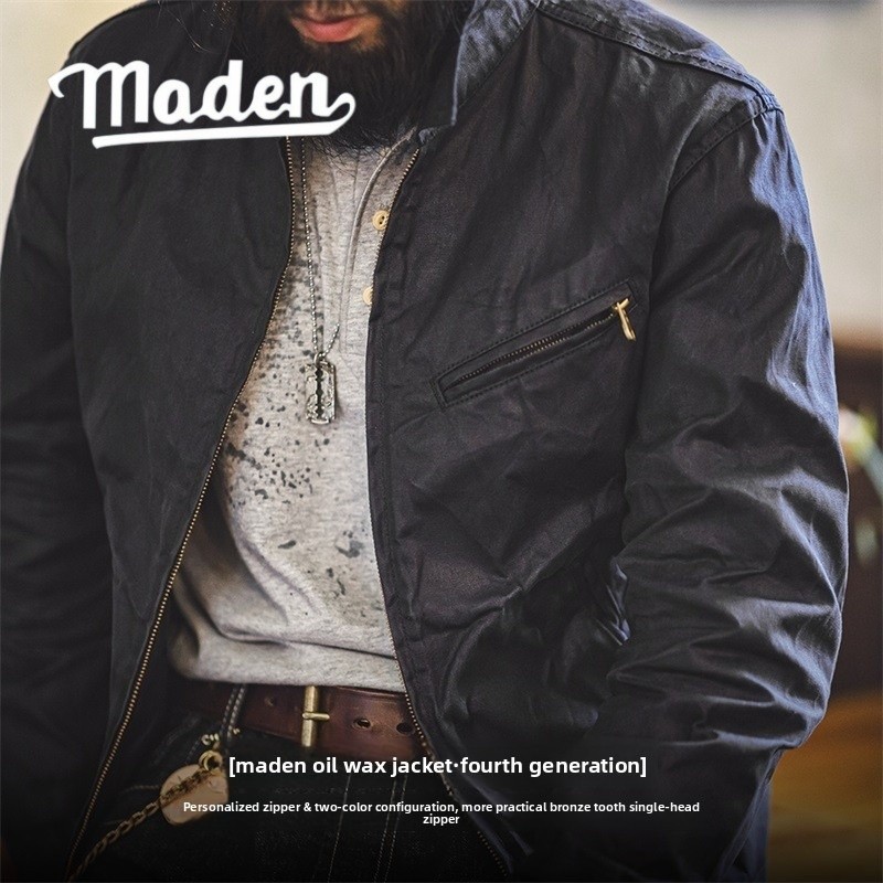 MADEN American Retro Amikaji 4th Gen Canvas Wax Jacket Men Tough Guy Zipper Short Jacket ฤดูใบไม้ร่ว