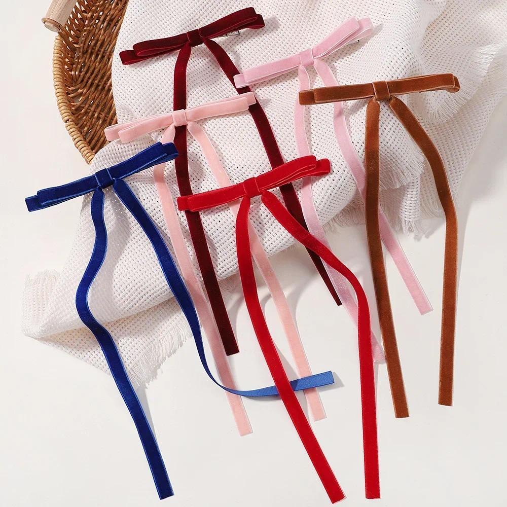 1 PC Vintage กํามะหยี่ขนาดใหญ่ Bow Hairpins Barrettes สําหรับผู้หญิงสาวงานแต่งงานยาวริบบิ้นเกาหลีคลิปผม Hairgrip อุปกรณ์เสริมผม
