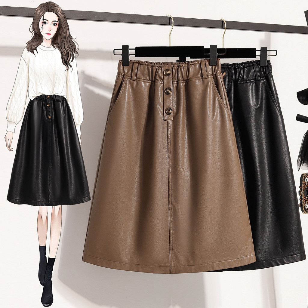 [40-105 กก.] กระโปรงหนังเวอร์ชั่นเกาหลีฤดูใบไม้ร่วงฤดูหนาวเอวสูงยาวปานกลางกระโปรงทรงเอสีดํา