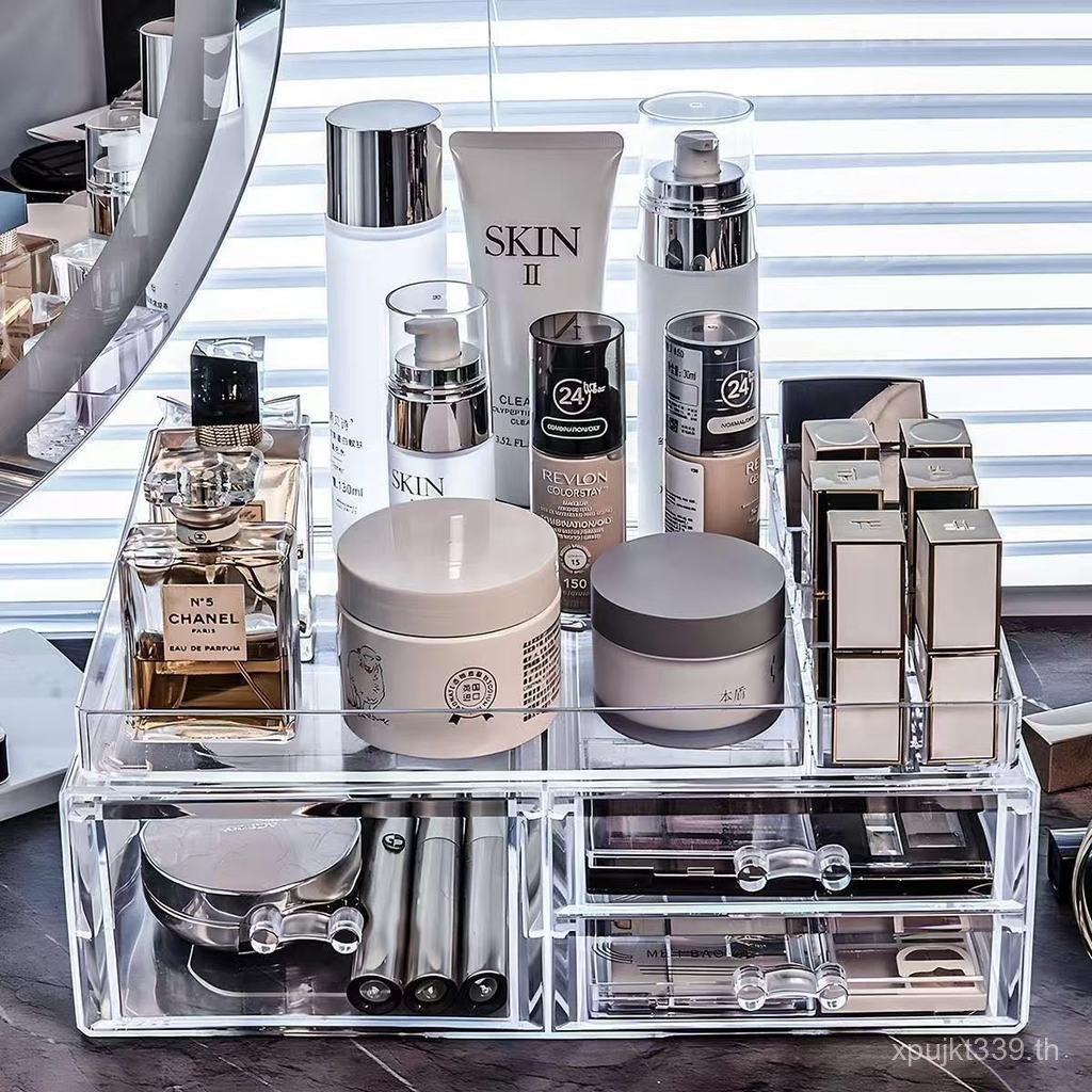 ความจุขนาดใหญ่เครื่องสําอางใสรู้สึกโต๊ะเครื่องแป้งกล่องเก็บแต่งตัวห้องนอนอะคริลิสก์ท็อปลิ้นชักกล่องเ