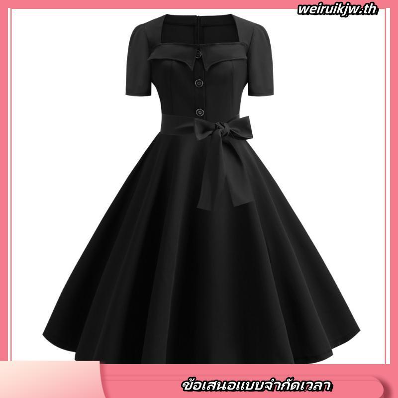 [MMC] ชุดเดรสแขนสั้น คอสี่เหลี่ยม พิมพ์ลายจุด 1950s แต่งโบว์ สไตล์เรโทร สําหรับผู้หญิง