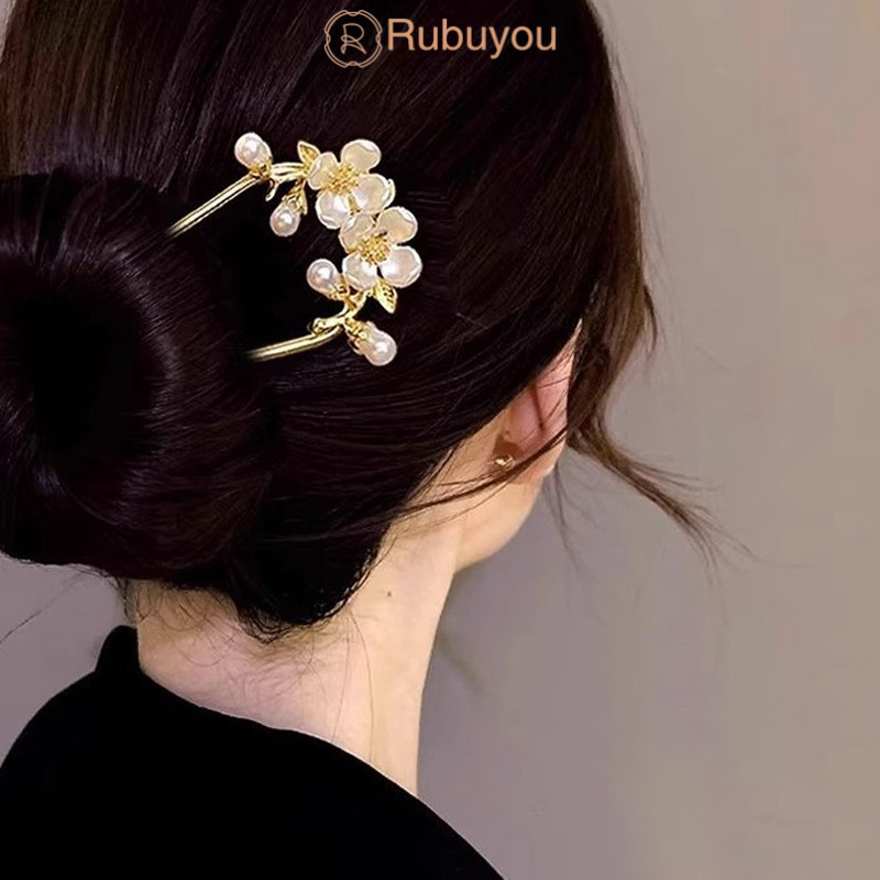 Rubuyou ปิ่นปักผมรูปตัว U ประดับมุกเทียม สไตล์จีนสมัยใหม่ สำหรับทรงผมเกล้า ตกแต่งด้วยดอกไม้-COD