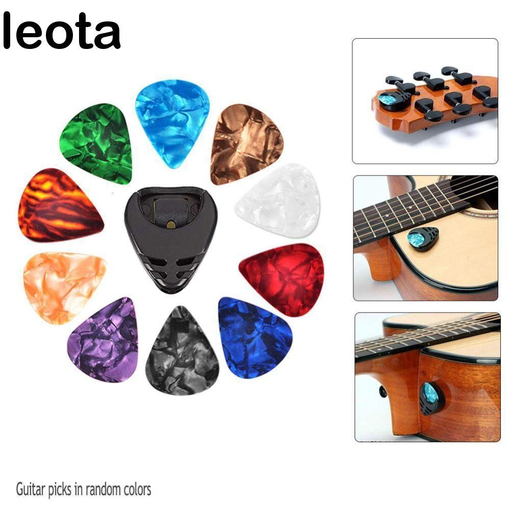 LEOTA 10PCS Guitar Picks & Guitar Pick Holder, Random Color 0.46/0.71/1.0MM Acoustic Guitar Pick, Guitars Accessories Amber Artistic Stick-on Holder Finger Guitar Pick Ukulele