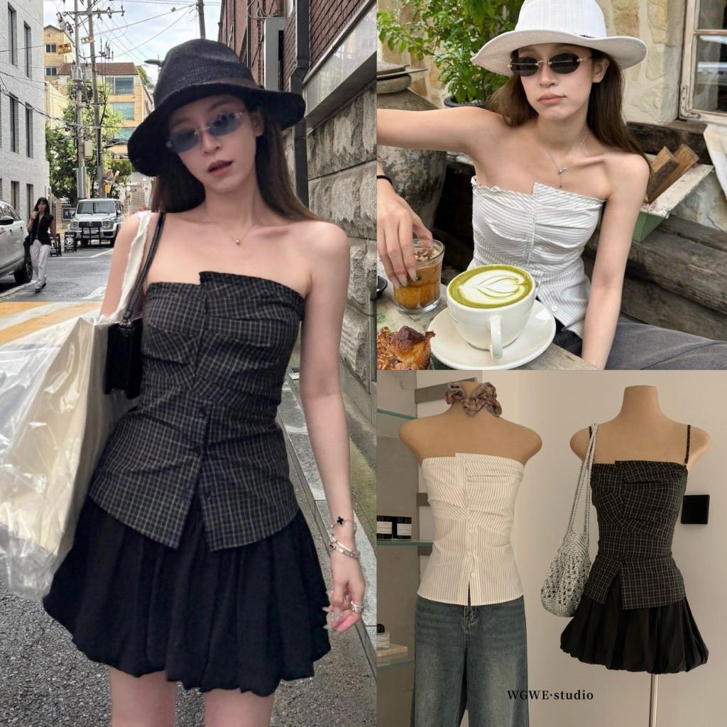 ❤ ❤ 🧵 🇰🇷 W9143 เสื้อสายเดี่ยว สมอคหลัง ลายสก็อต/ลายทาง ใส่เป็นทรงเกาะอกได้ แต่งทรงเย็บแบบเก๋ แฟชั่นเกาหลี TAG WG.WE 🧡