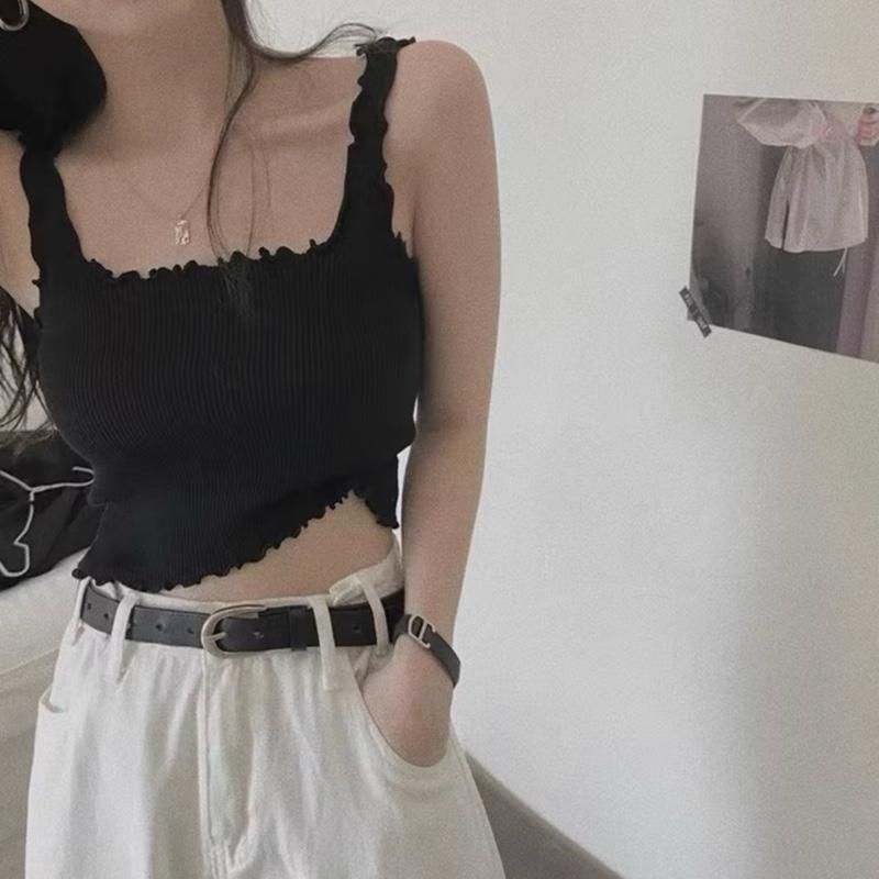 HP77m เสื้อเชิ้ต 2 สายคอยูสีทึบเรียบง่ายสไตล์เกาหลี