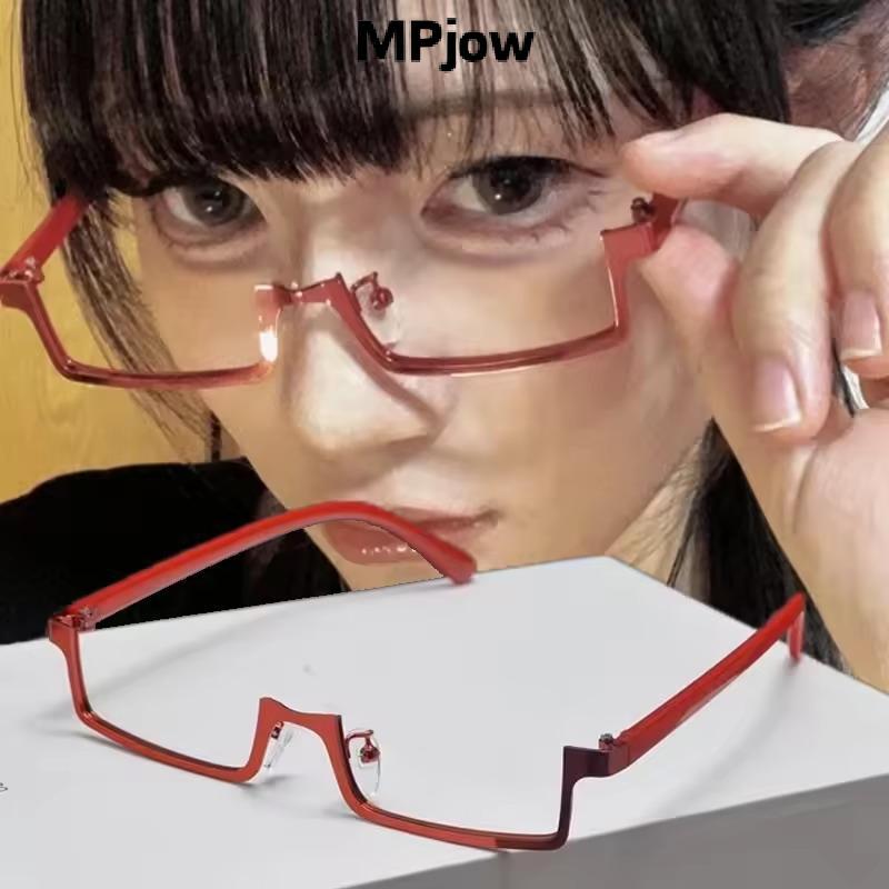 MPJow Y2K อะนิเมะญี่ปุ่นกรอบแว่นตาขนาดเล็กคอสเพลย์สีแดงครึ่งกรอบแว่นตาไม่มีเลนส์แฟชั่นโลหะแว่นตาสี่เหลี่ยม Nice