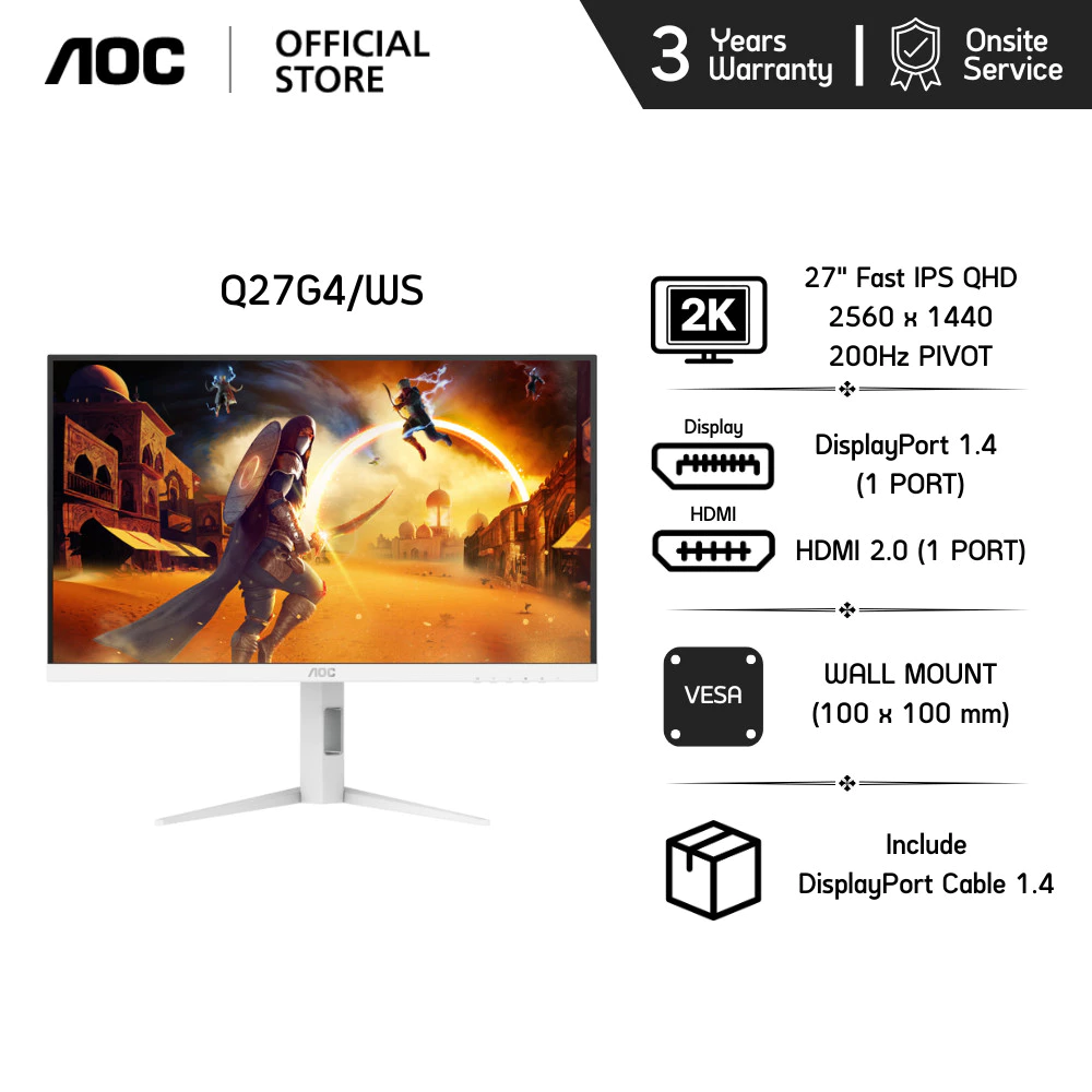 AOC Q27G4/WS WHITE GAMING MONITOR (เกมมิ่งมอนิเตอร์) 27" FAST IPS QHD 2K 200Hz PIVOT