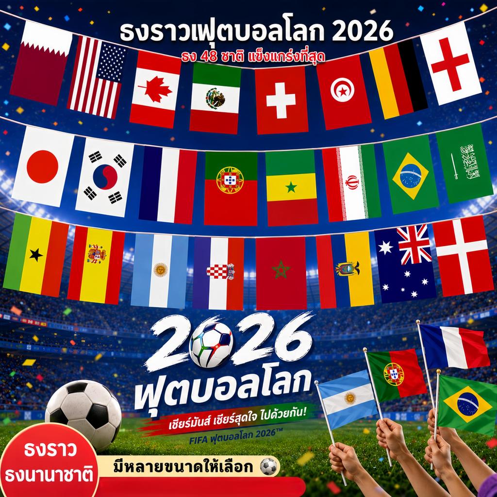 ธงราวบอลโลก 2026 48ประเทศ ธงแขวน/ธงถือ สินค้าตกแต่งธีมบอลโลก งานปาร์ตี้ สำหรับแฟนบอลทุกคน