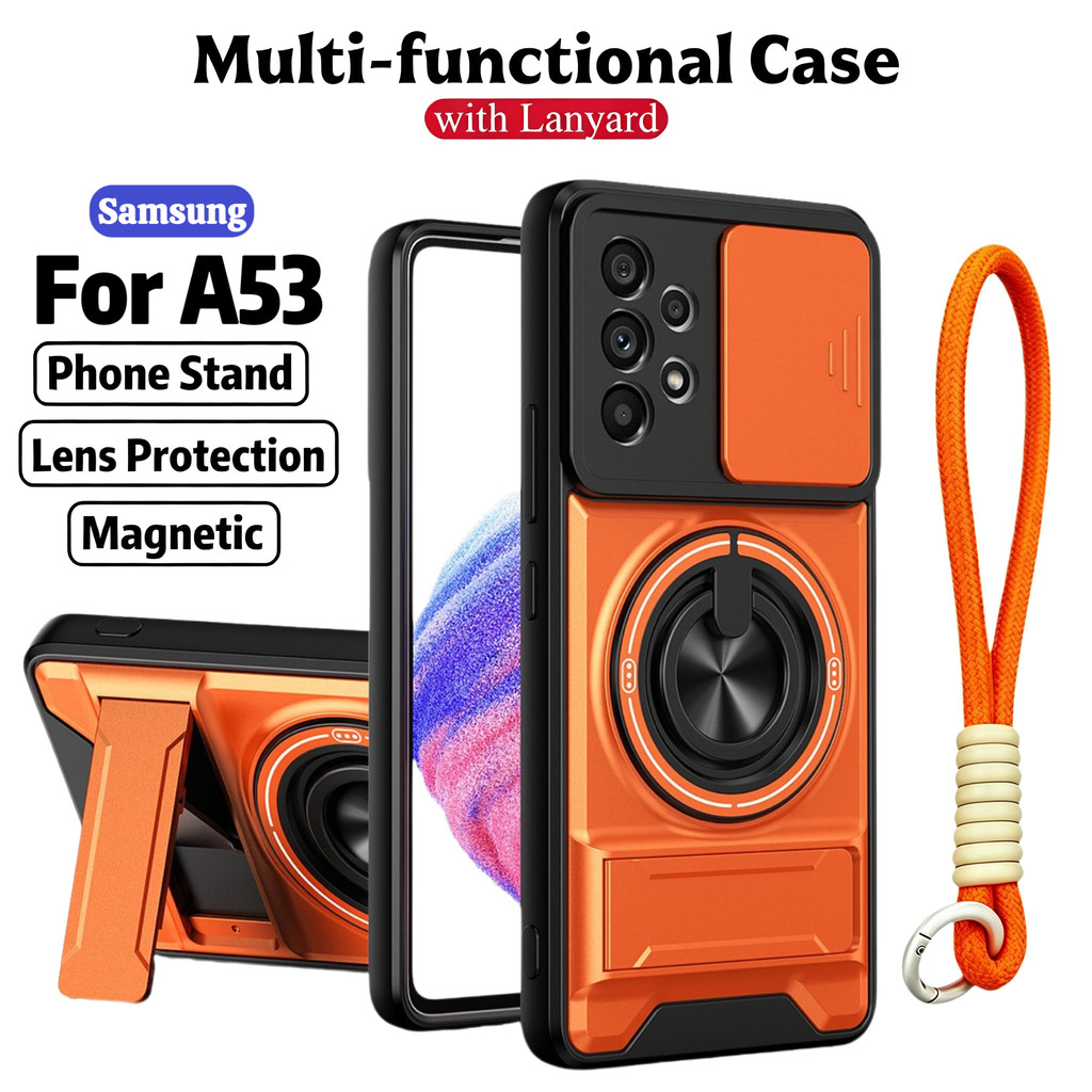 เคสโทรศัพท์มัลติฟังก์ชั่นหรูหราเหมาะสําหรับ Samsung Galaxy A53 5G A73 A33 A13 4G Lanyard 360°ขาตั้งแหวนพร้อมปลอกกล้องแม่เหล็กติดรถยนต์กันกระแทกฝาครอบป้องกันเต็มรูปแบบ