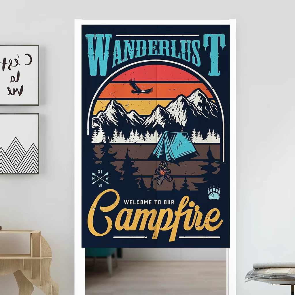 วินเทจ American Camping Mountain Sunset Noren, รวมก้าน, ไม่มีสว่าน, สําหรับ Entryway/Studio