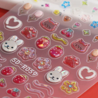 HAMA 5D Coquette สติกเกอร์เล็บน่ารัก Jelly Ribbon Star ตัวอักษรหมี Kawaii สไตล์เกาหลี Aurora 3D บรรเทา Self-Adhesive เล็บ Decals