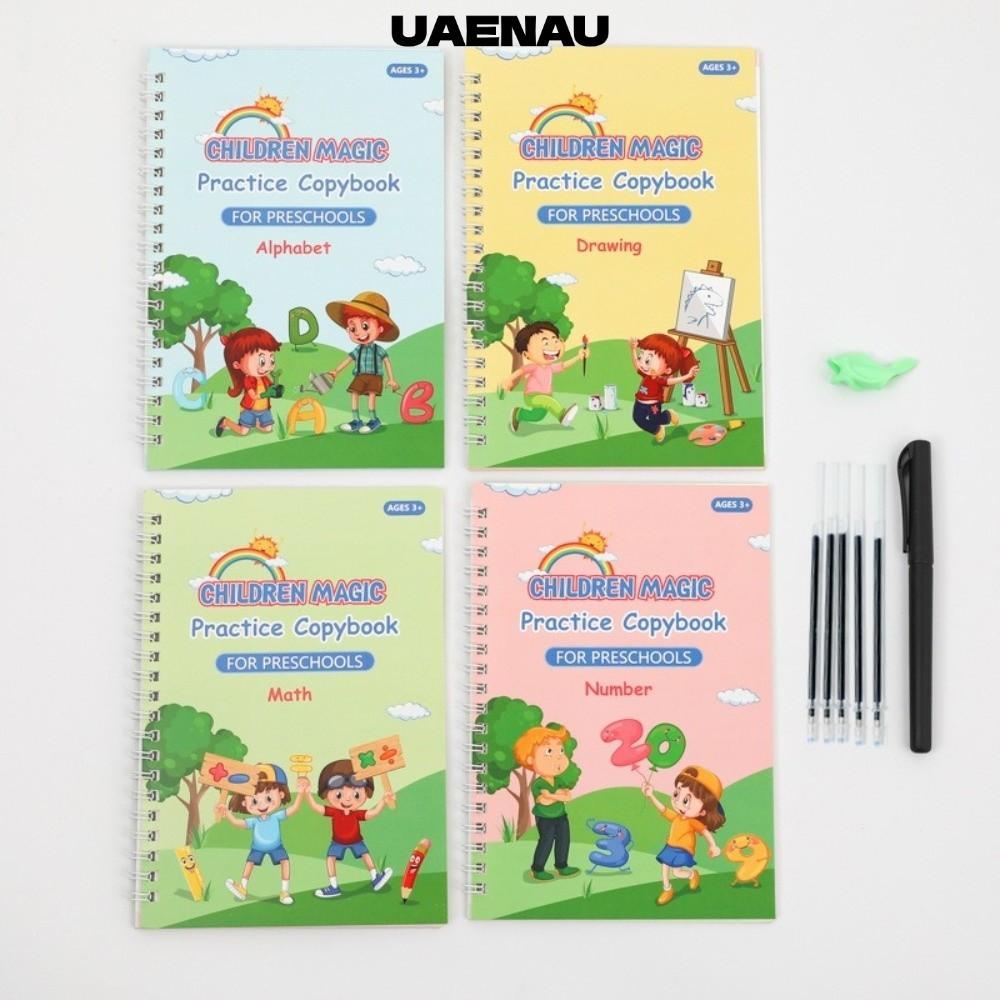 UAENAU 4 ชิ้น/เซ็ต Sank Magic Book,พร้อมปากกาสมุดลอกการเรียนรู้แบบใช้ซ้ําได้,ของขวัญเรียนรู้และเล่น Multi-function Magic Practice หนังสือการประดิษฐ์ตัวอักษรตัวอักษรภาษาอังกฤษ