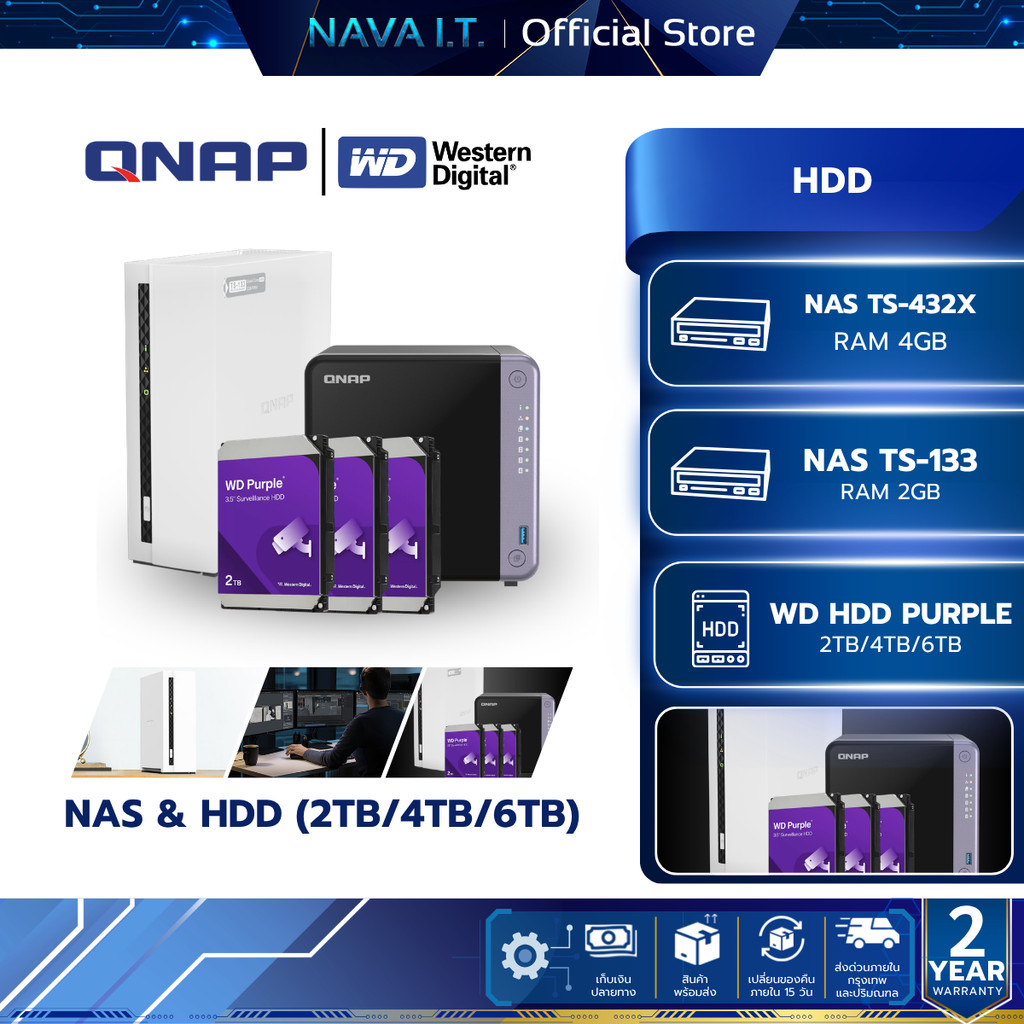 QNAP NAS & WD HDD (อุปกรณ์จัดเก็บข้อมูลบนเครือข่ายและฮาร์ดไดรฟ์) NAS TS-432X/TS-133 HDD 2TB/4TB/6TB