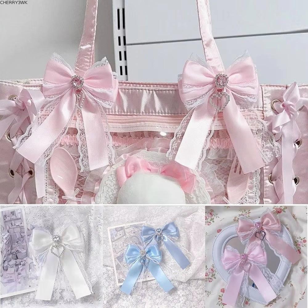 19VJKEPSHOP 1/2PCS DIY Ribbon Bowknot Kit, Bling Heart เพชรคลิป ItaBag Bow อุปกรณ์เสริม, ริบบิ้นลูกไม้โบว์ขอบลูกไม้สองชั้นจี้ Y2K กิ๊บติดผม