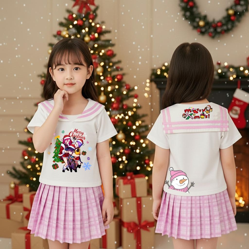 ชุดเซ็ทเด็กผู้หญิง สกรีนลายคริสต์มาส kpop demon hunter  เสื้อปกทหารเรือ กระโปรงอัดพลีท - รูปที่ 2