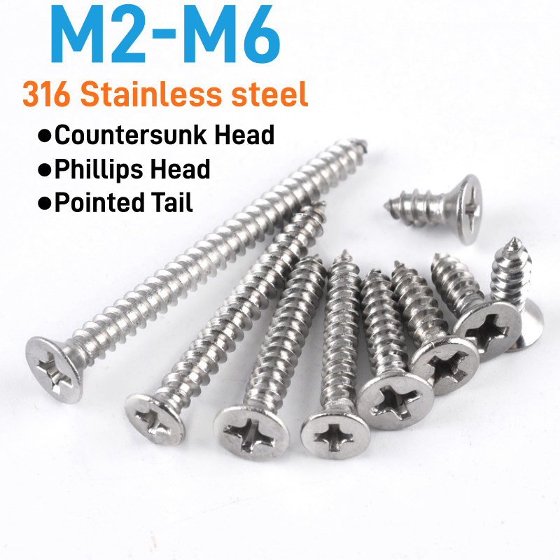 Phillips Countersunk สกรูแตะตัวเอง 316 สกรูขยายสแตนเลสหัวแบนสกรู Bolt สกรูไม้ M2 M2.2 M2.6 M3 M3.5 M