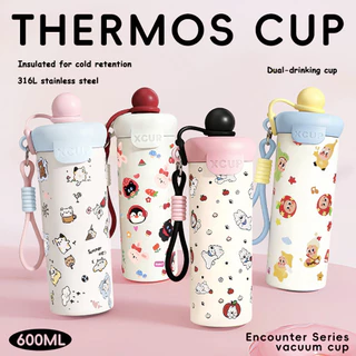 ขวดน้ำเก็บความเย็นลายการ์ตูนน่ารัก ขนาด 600 มล. ทำจากสแตนเลส ป้องกันการรั่วซึม พกพาสะดวก พร้อมสายคล้อง เหมาะสำหรับเป็นของขวัญ