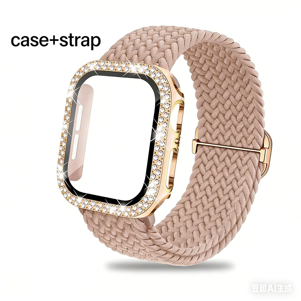 Bling Diamond Glass Screen case + สายไนลอนสําหรับ Apple watch 46/42/45/41 มม.44 มม.40 มม.Series 11 10 9 8 7 6 5 4 SE