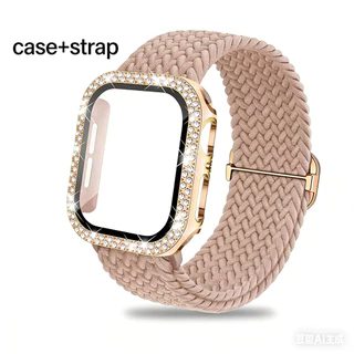 Bling Diamond Glass Screen case + สายไนลอนสําหรับ Apple watch 46/42/45/41 มม.44 มม.40 มม.Series 11 10 9 8 7 6 5 4 SE