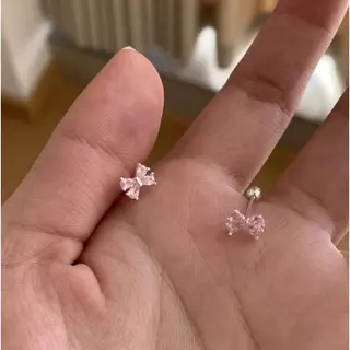 ต่างหูเซอร์คอน สไตล์ผู้หญิง สีขาวและชมพู ดีไซน์โบว์ระยิบระยับ ต่างหูสไตล์เจ้าหญิง