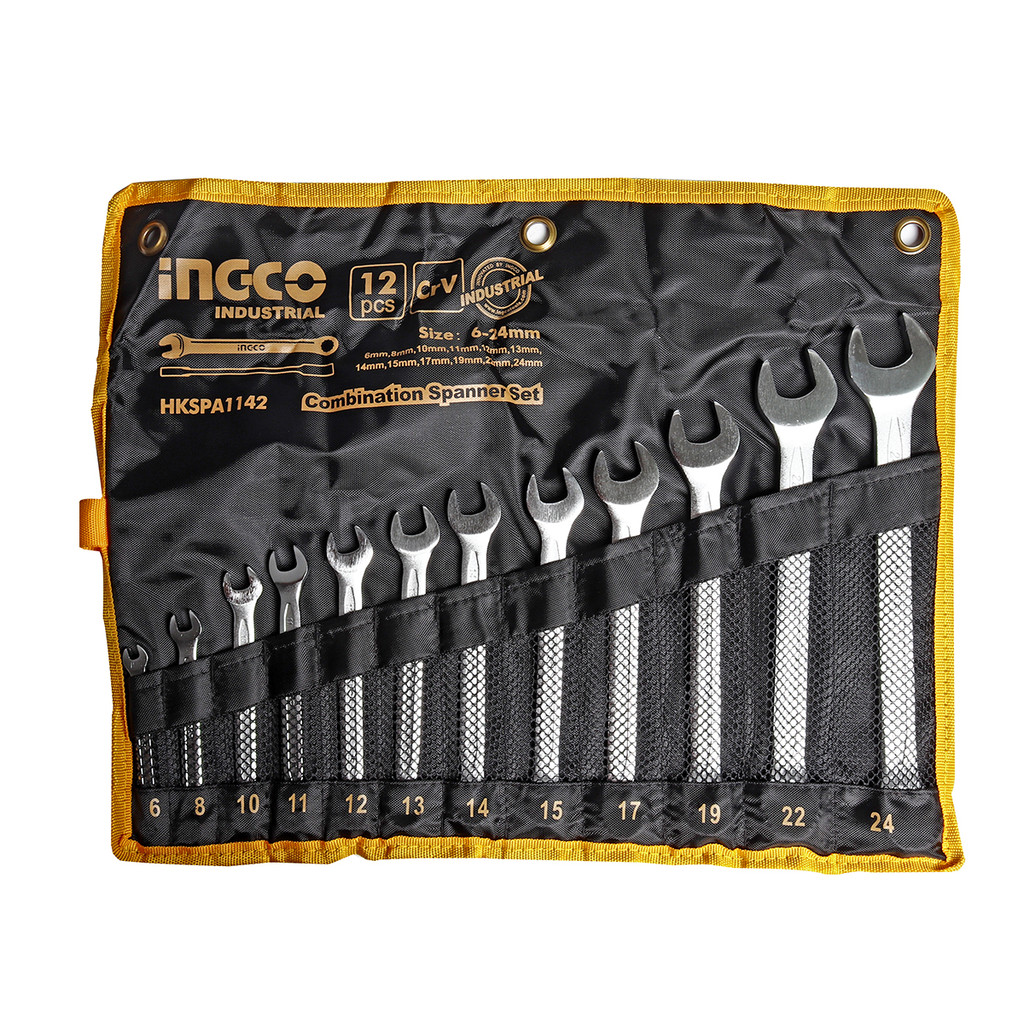 INGCO HKSPA1142ประแจแหวนข้างปากตาย12ชิ้น6-24MM HKSPA1142 12 PCS COMBINATION SPANNER SET (อิงโก้)