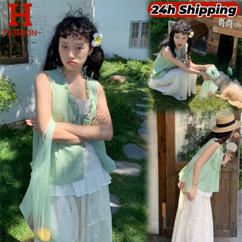 HOT 'พร้อมส่ง' FY5079 เสื้อกล้าม2ชั้น ลายตารางสีพาสเทลยืดพอดีตัว