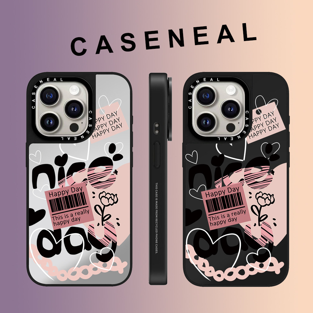 CASENEAL Graffiti Love Happy Day กระจกใบหน้าโปร่งใสเคสโทรศัพท์สําหรับ iPhone 17 Pro Max 16 ProMax 15Pro 14 Plus 13 12 11 โทรศัพท์กันกระแทกขอบนุ่มฮาร์ดป้องกันกรณี