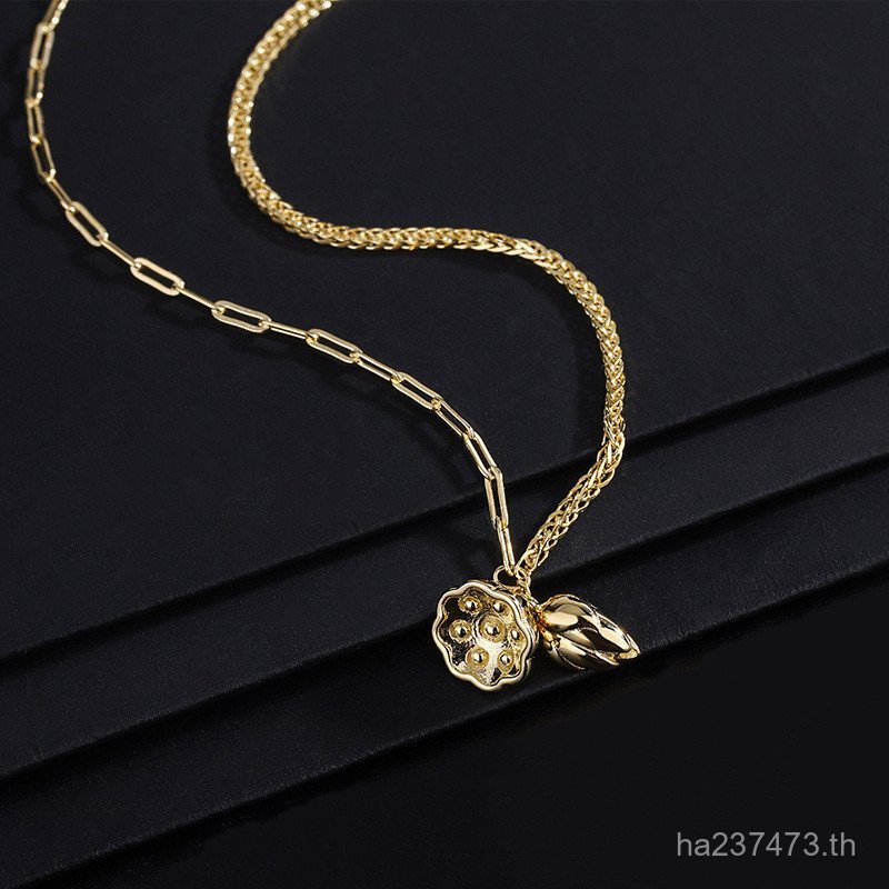 Lotus Lotus Pom หรูหรา Retro Simple World Lucky ดอกไม้ Bud สร้อยคอหญิงจี้ขนาดเล็กสอง Clavicle Chain 