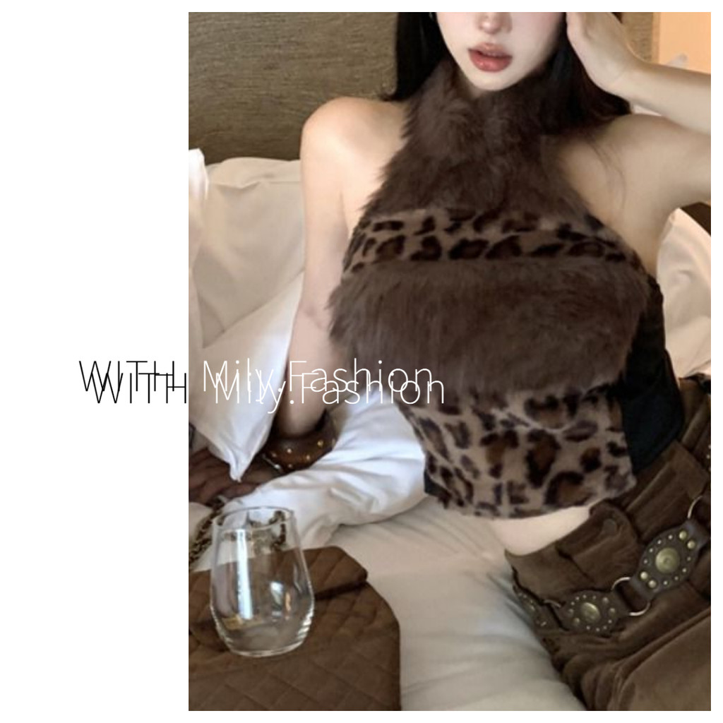 Milyfashion ฤดูใบไม้ร่วงฤดูหนาวเสือดาวพิมพ์ Plush Halter คอที่ไม่มีสายหนังสวมใส่ด้านนอกสลิงด้านใน Ma