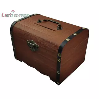 [Lostcorner] 1 ชุด Vintage Treasure กล่องเก็บไม้หีบสมบัติพร้อมล็อค Piggy Bank Organizer กล่องประหยัดสําหรับตกแต่งบ้าน [ใหม่]