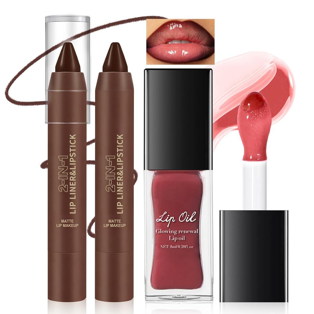 Nourishing Glowing Lip Oil 2 in 1 Ombre Lip Liner ชุดลิปสติก, Moisturizing High Shine Renewal Lip Gl