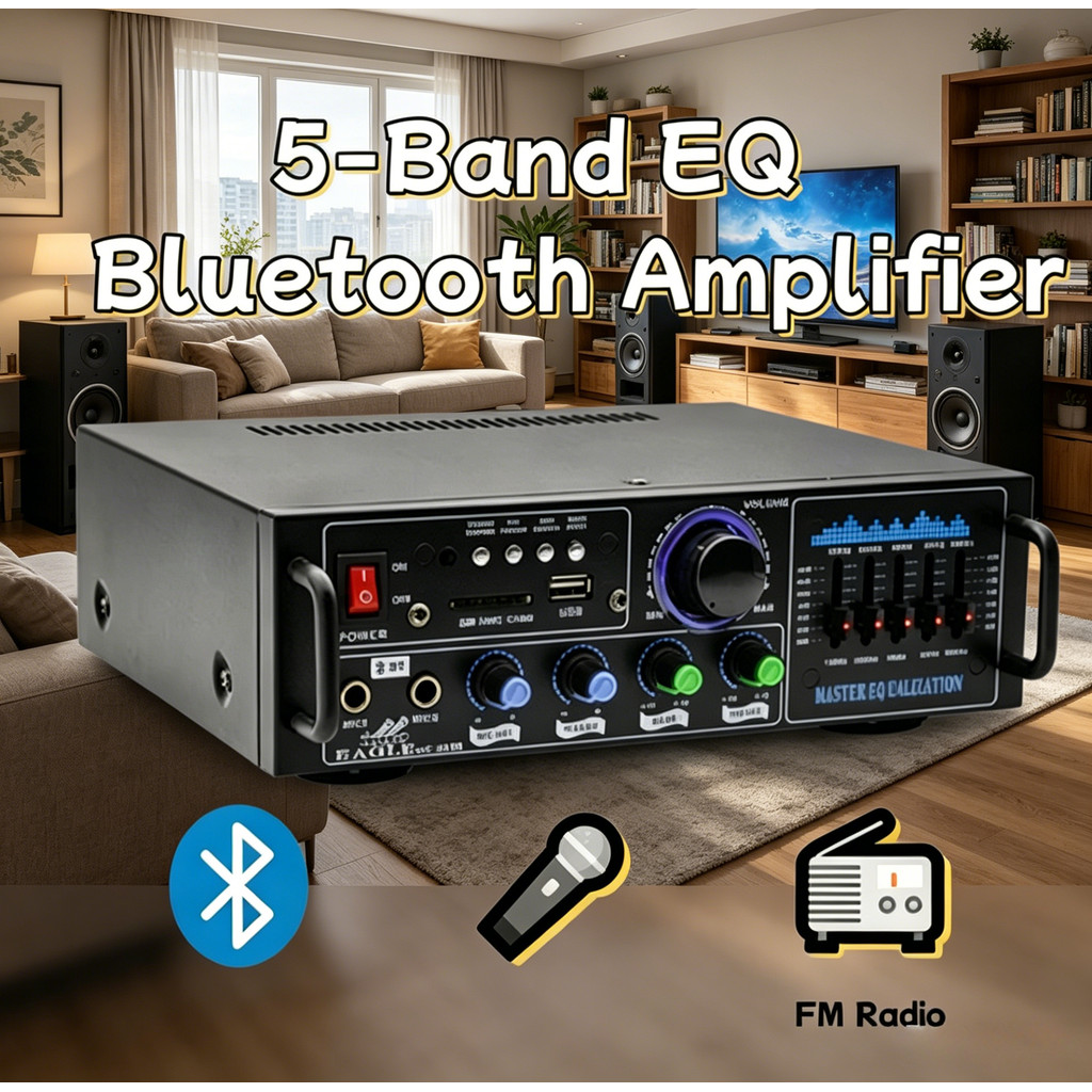 แอมป์มินิ 2.0 ช. Bluetooth/Karaoke ปรับ EQ 5 ย่าน เล่น USB/SD ไฟ DC 12V ใช้ในบ้าน/รถยนต์