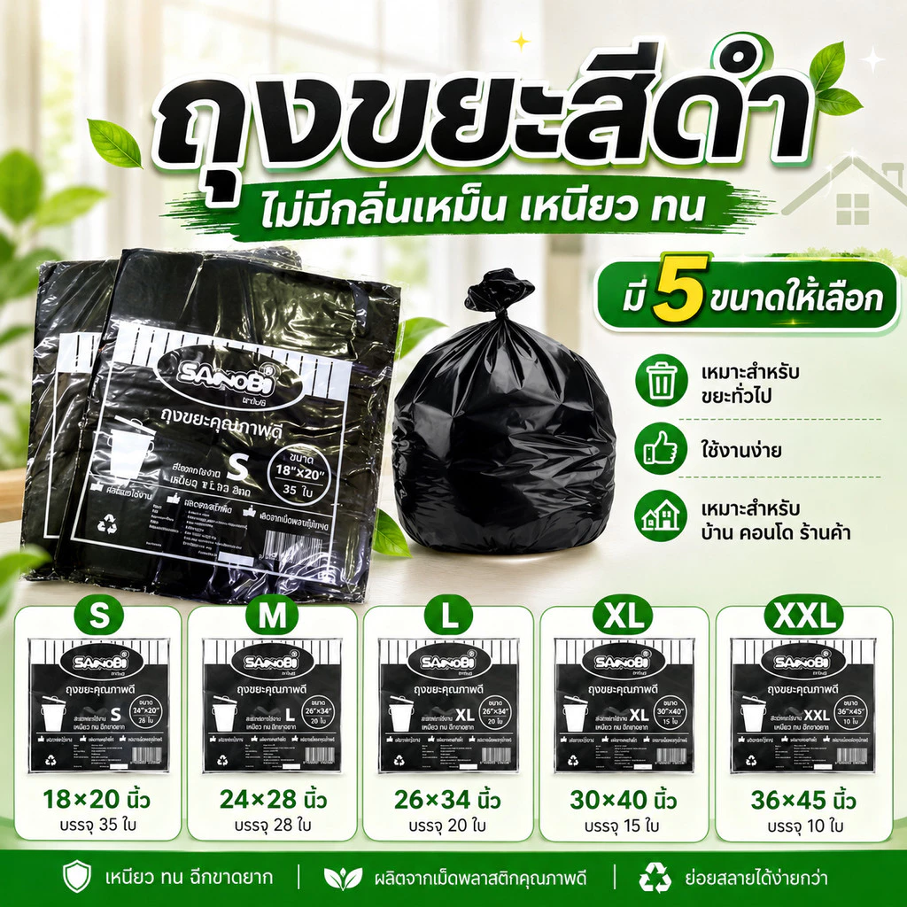 *มี5ขนาด* ถุงขยะสีดำ ไม่มีกลิ่นเหม็น เหนียว ทน ถุงดำใส่ขยะ 18×20นิ้ว 24×28นิ้ว 26×34นิ้ว 30×40นิ้ว 36×45นิ้ว