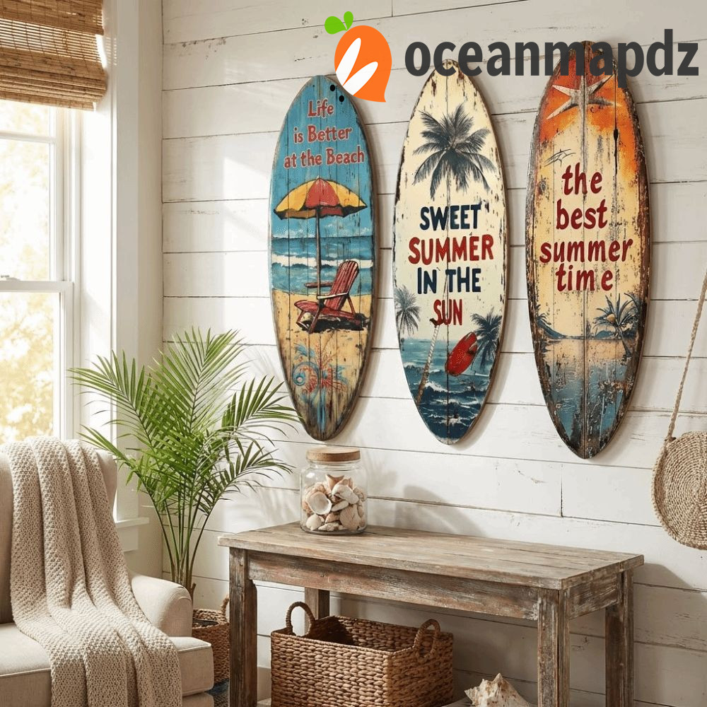 OCEANMAPDZ ไม้กระดานโต้คลื่นตกแต่งผนัง,ซัมเมอร์บีชแกนกระดานโต้คลื่นแขวนผนัง,สร้างสรรค์ที่มีสีสันร่ม Nautical Beach Decor Wall Art Bar Cafe Decor