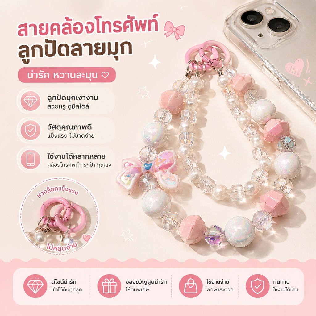 พร้อมส่ง ลูกปัดงานเพ้นมือ พวงกุญแจ สำหรับตุ๊กตาbaby three/Kimmon สายคล้องข้อมือ ป้องกันการสูญหาย