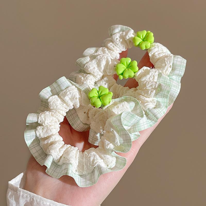 สไตล์เกาหลีสีเขียว Checkered Lace Four-leaf Clover Scrunchies นักเรียนหญิงแฟชั่นหวานอุปกรณ์เสริมผมของขวัญ