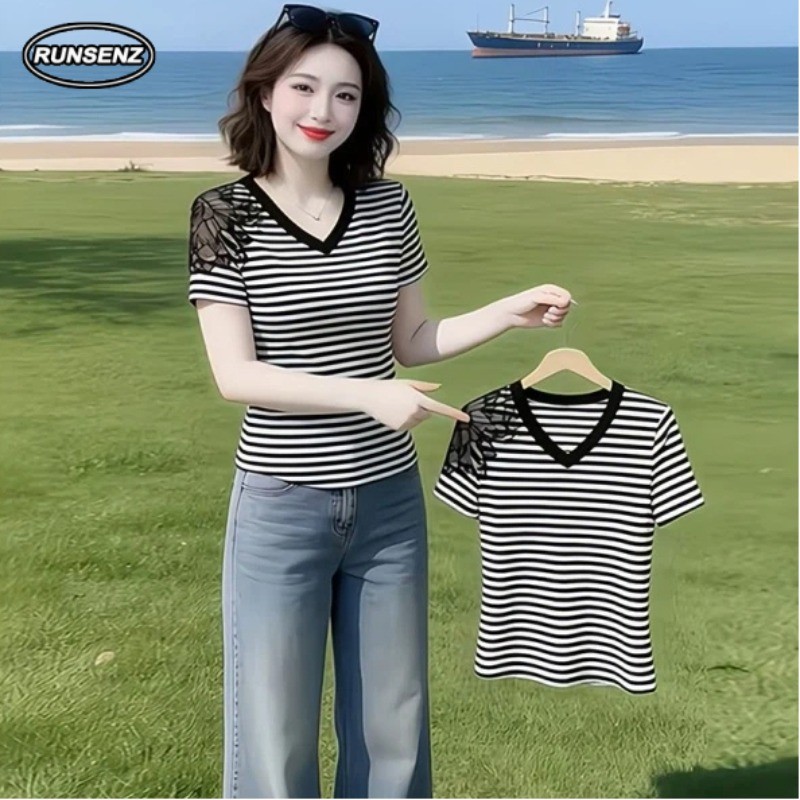 M-4XL ลาย V คอ T เสื้อ Plus ขนาดผู้หญิงแขนสั้น Slim Fit Casual Top