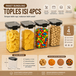Paket Hemat Toples Plastik Akrilik Kotak Bening Kontainer Snack isi 4PCS Kedap Udara Murah Hemat