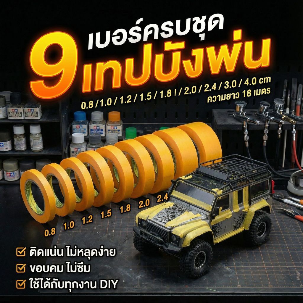 Set! เทปบังพ่นวาชิ 9 เบอร์ครบชุด ทนความร้อนสูง เส้นคมกริบ ลอกง่ายไม่ทิ้งคราบ สำหรับช่างสีและโมเดลมืออาชีพตัวจริง