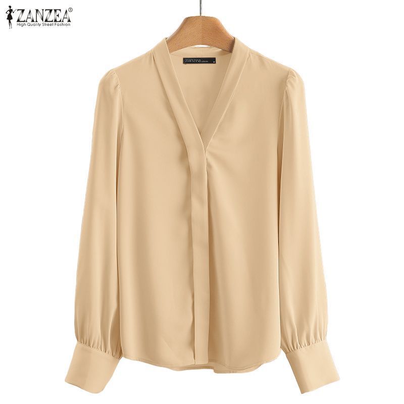 ZANZEA เสื้อเบลาส์สํานักงานคอวีสีทึบแฟชั่นเกาหลีสําหรับผู้หญิง