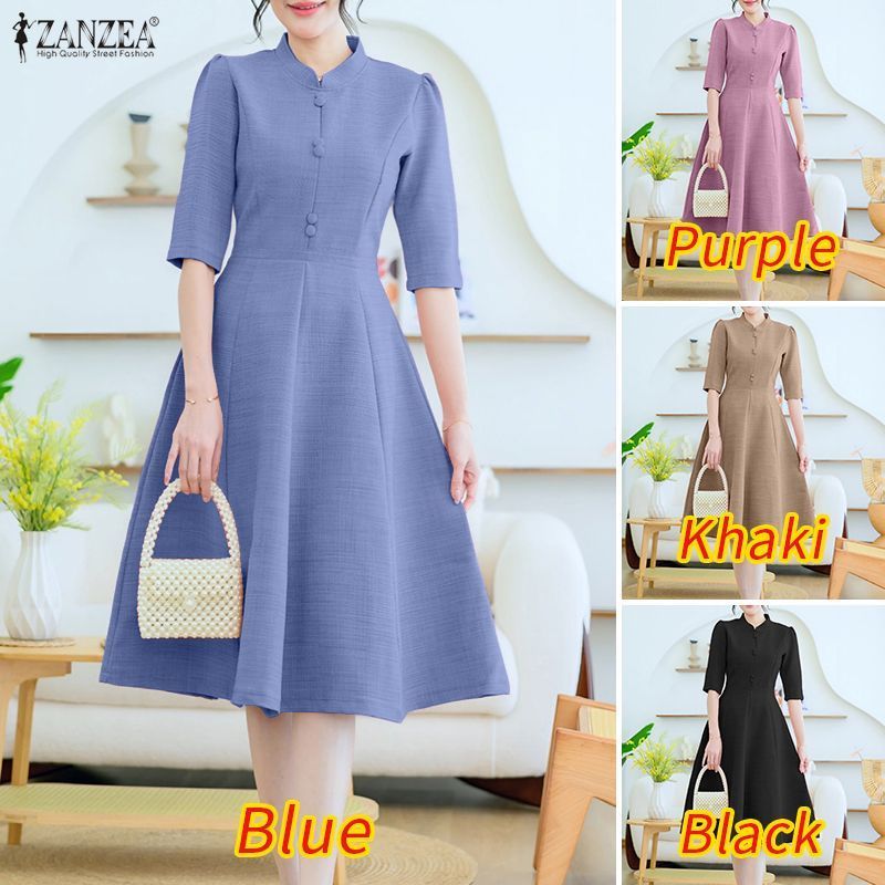 ZANZEA ผู้หญิงเกาหลีหรูหราระดับไฮเอนด์ปุ่มแขนกลางตกแต่งชุด A-Swing - รูปที่ 2