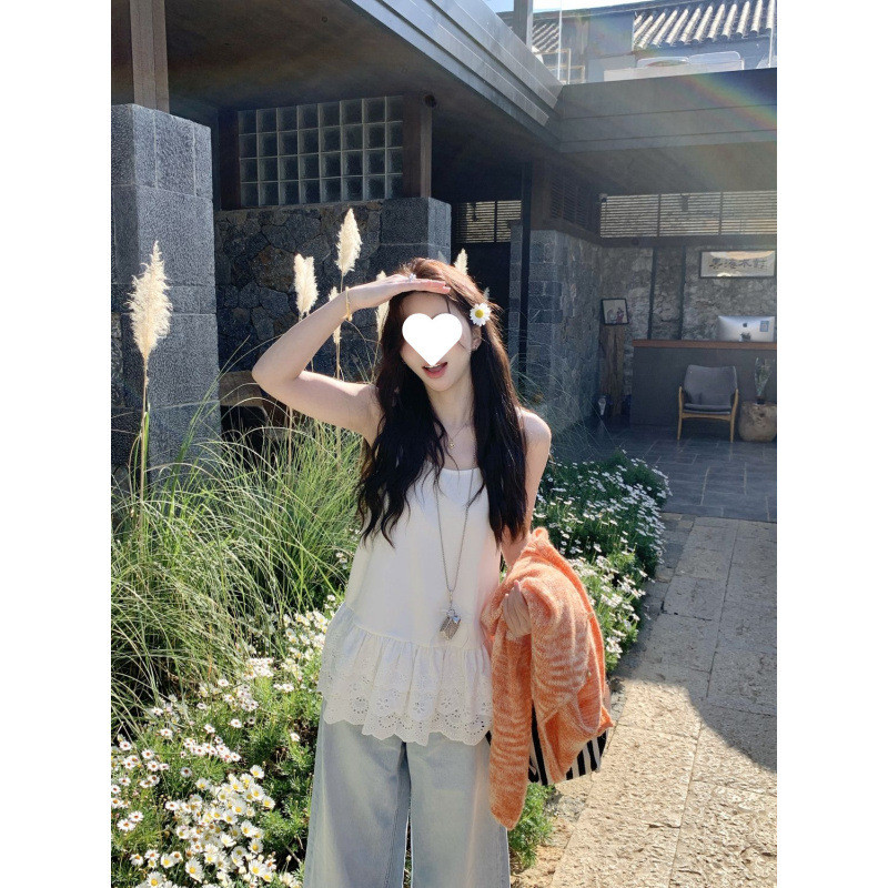 การออกแบบรู้สึก U-คอ Hem ลูกไม้ Camisole หญิงสาวร้อน Pure Desire สไตล์ความยาวกลางภาษาฝรั่งเศสคํา Top