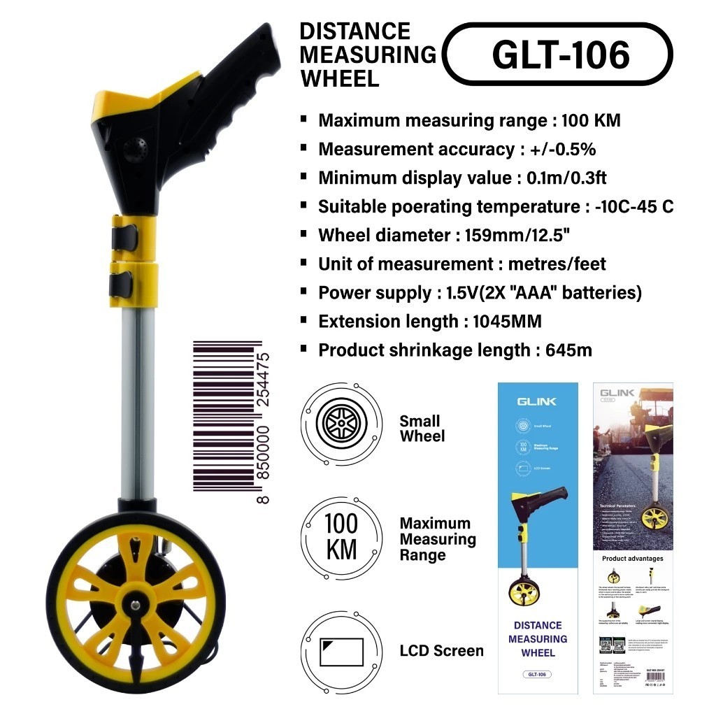 ล้อวัดระยะทางแบบพกพา Glink GLT-106 / GLT-107 (10KM / 100KM) พร้อมหน้าจอ LCD