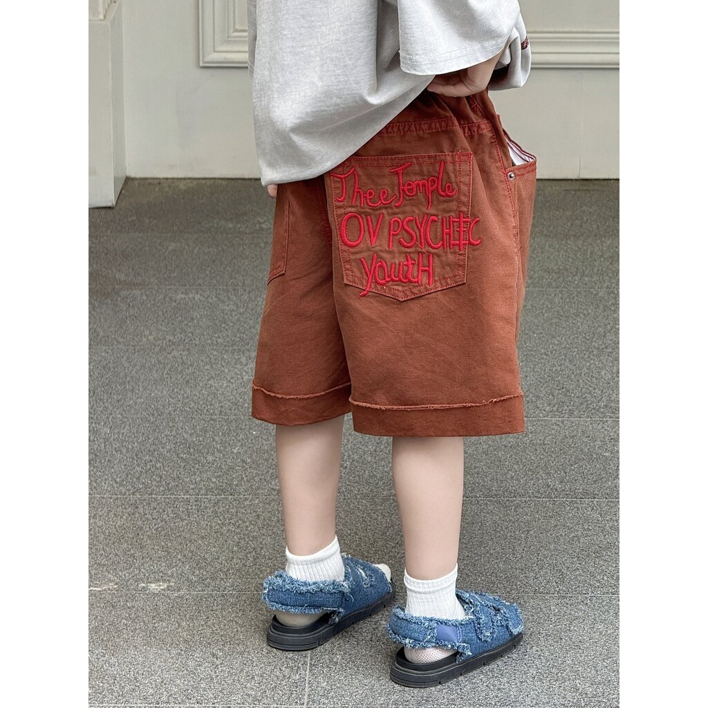 LLB-73 Vintage Rust Denim Shorts กางเกงขาสั้นเด็กสีสนิมสไตล์วินเทจ ดีเทลปักด้านหลังสุดเท่ ทรง Oversize ใส่สบาย (90-150)