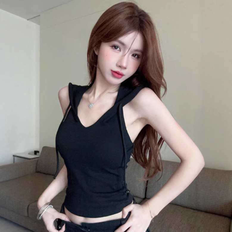 ทุกวันมาใหม่/หวานสาวร้อนเชือกแขวนคอคอแขนกุดคอวียกทรงผู้หญิงสวมใส่ด้านนอก ชม. เปลี่ยนแปลง เซ็กซี่ด้าน