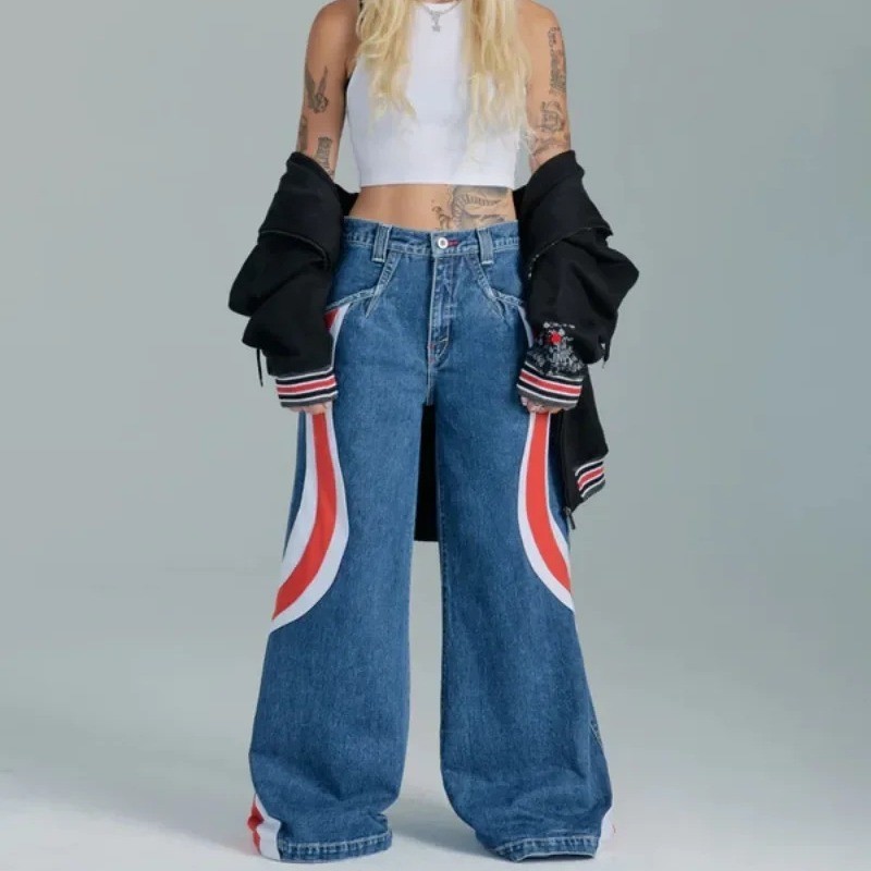 American Street JNCO กางเกงยีนส์ผู้หญิง 2024 เย็บ Contrast สีกางเกงขากว้าง