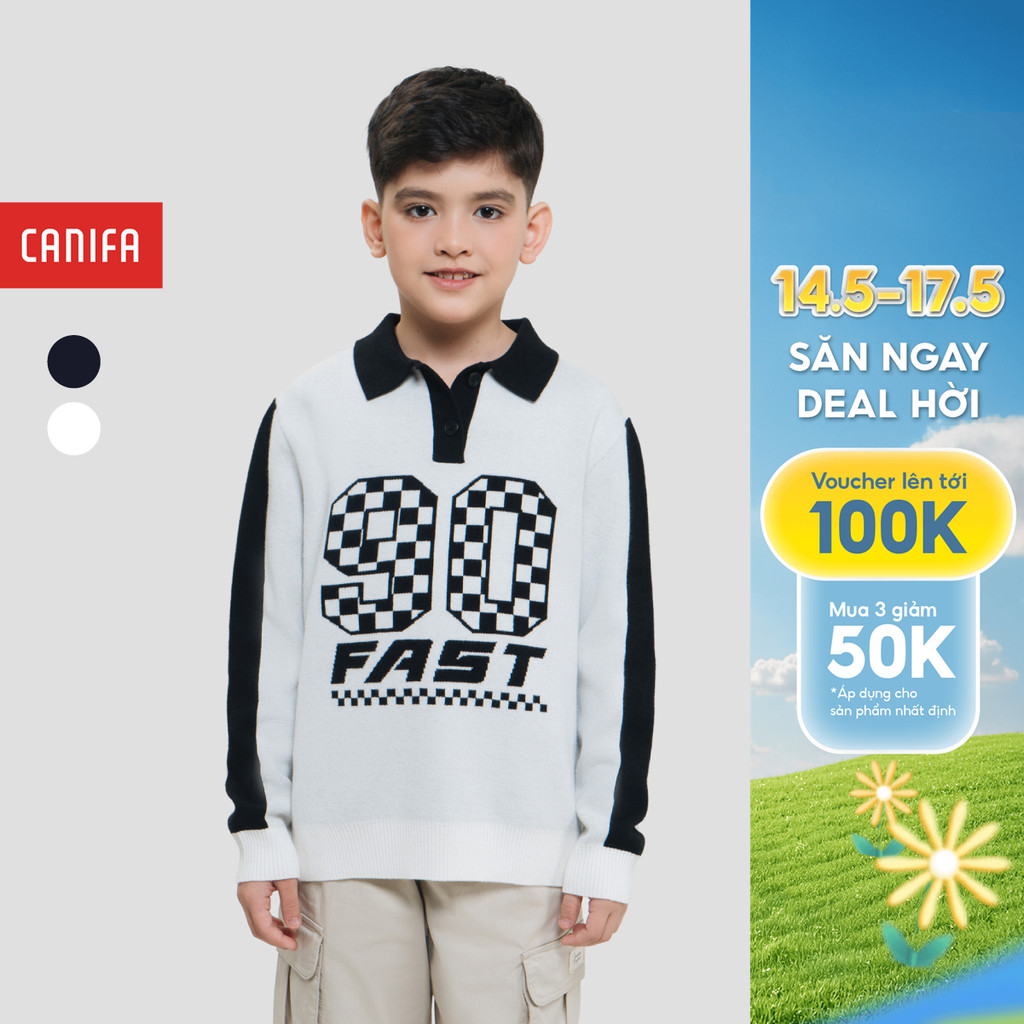 CANIFA เสื้อสเวตเตอร์โปโลสําหรับเด็กผู้ชายแขนยาวและคอปกพิมพ์ลาย 2TE25W005