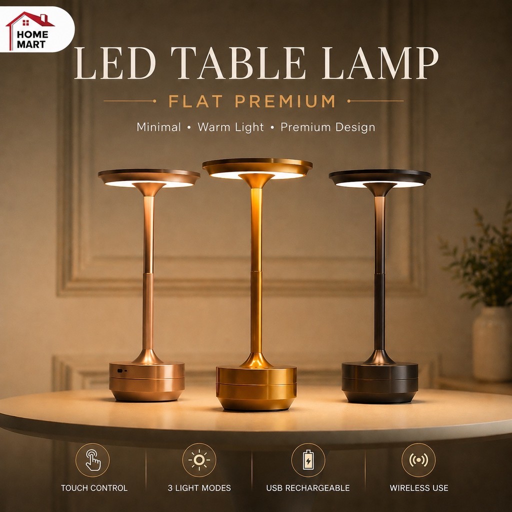 Homemart LED Table Lamp Flat Premium โคมไฟตั้งโต๊ะไร้สาย Touch Dimmable แสง 3 โหมด USB Rechargeable มินิมอล โรงแรมคาเฟ่